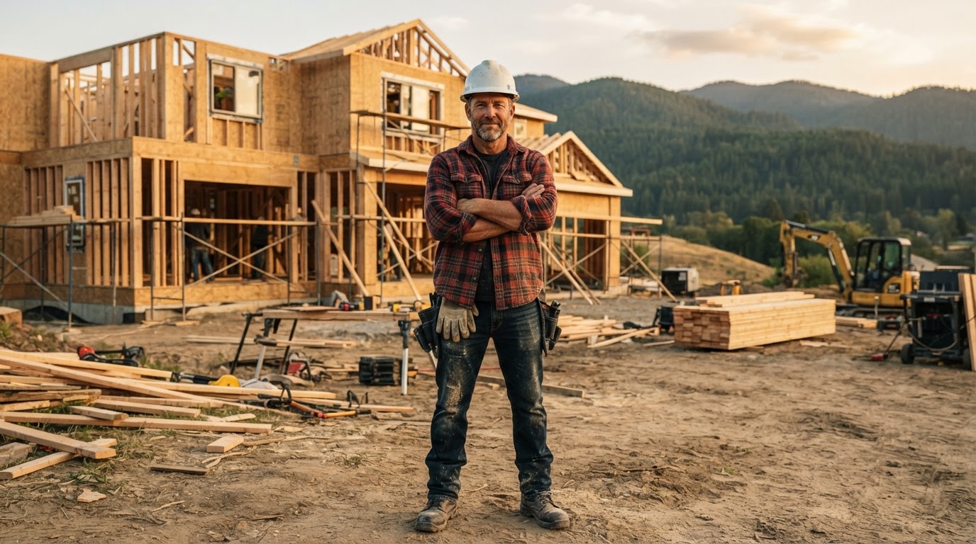 Professional contractor at a residential construction site with forested mountains in the distance