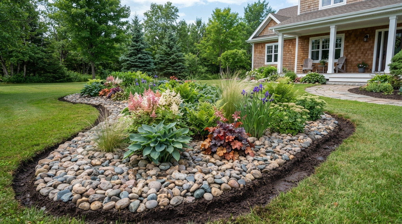 River rock garden beds installed in PEI