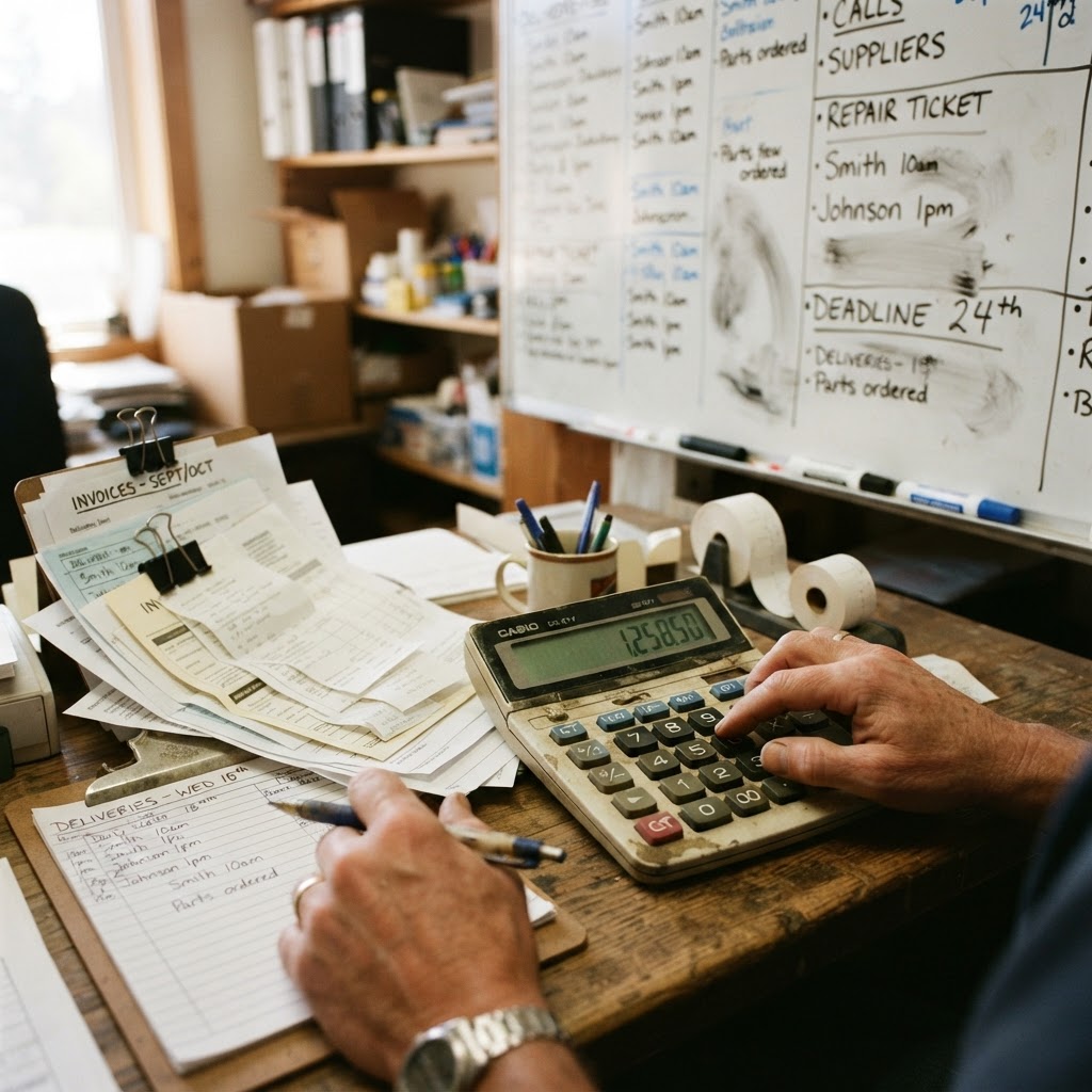 Hands working a calculator next to a stack of paper invoices