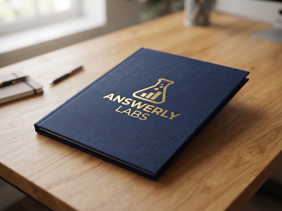 A professional navy Answerly Labs AI assessment folder on a desk