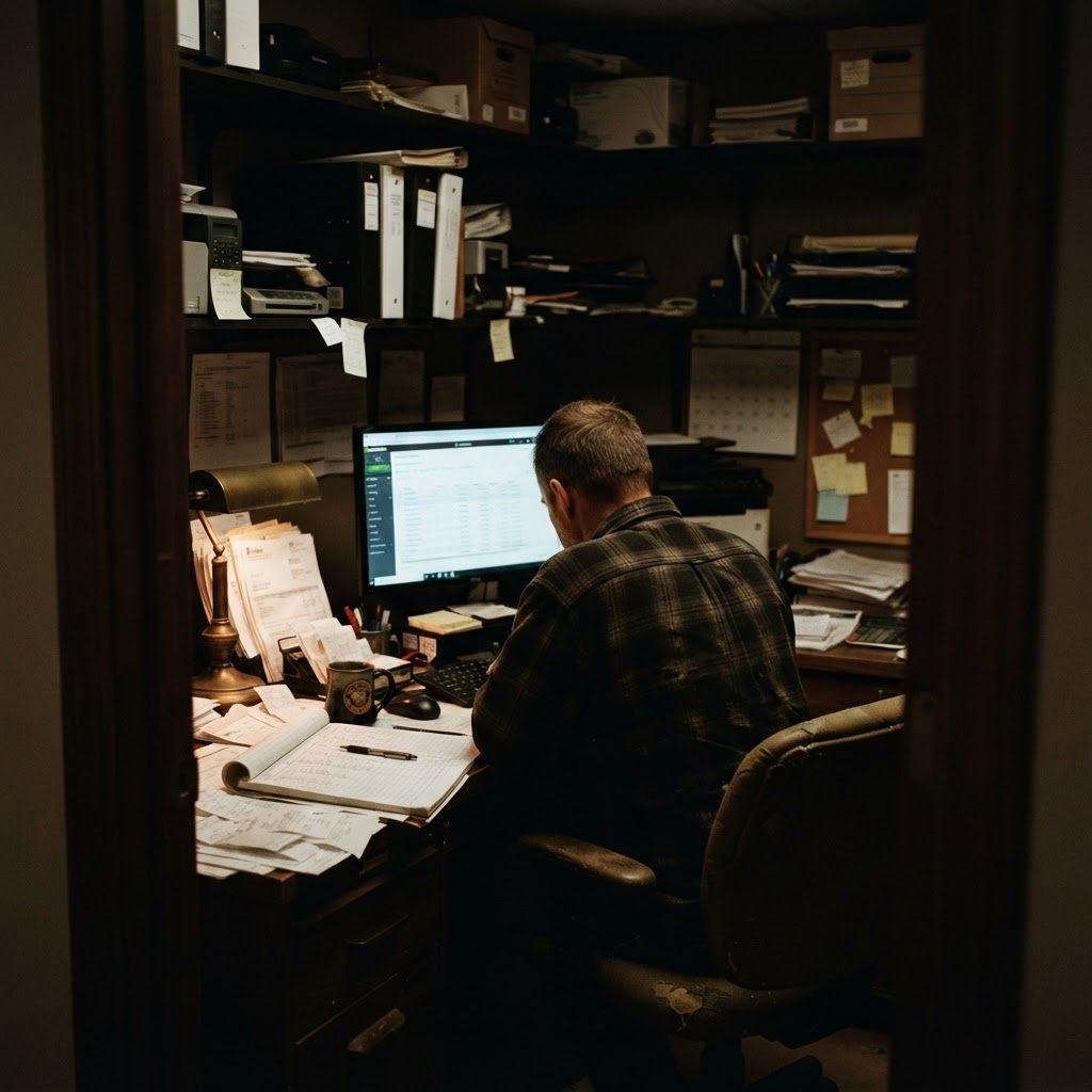A small business owner working late in a dimly lit back office, seen from behind