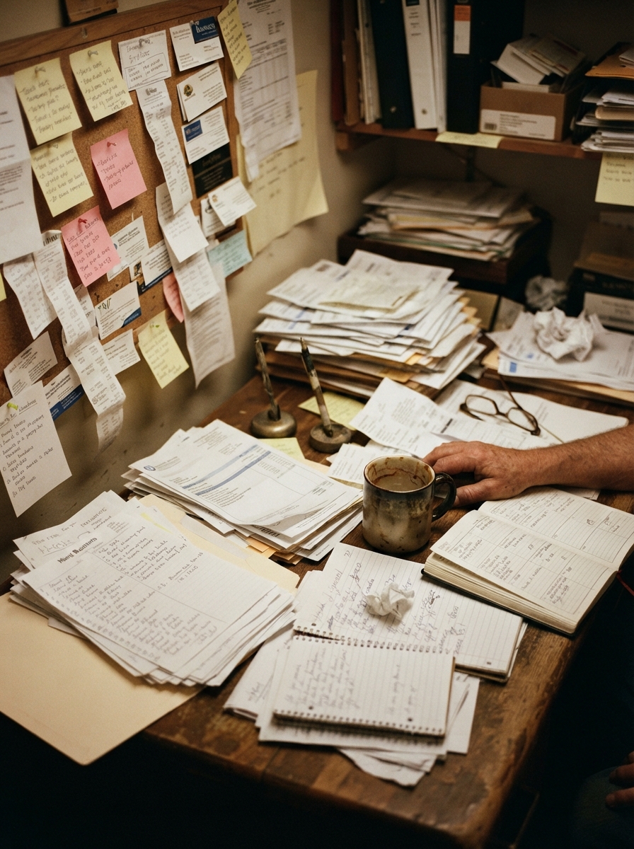A cluttered small business desk with scattered bills, sticky notes, and paperwork spilling out