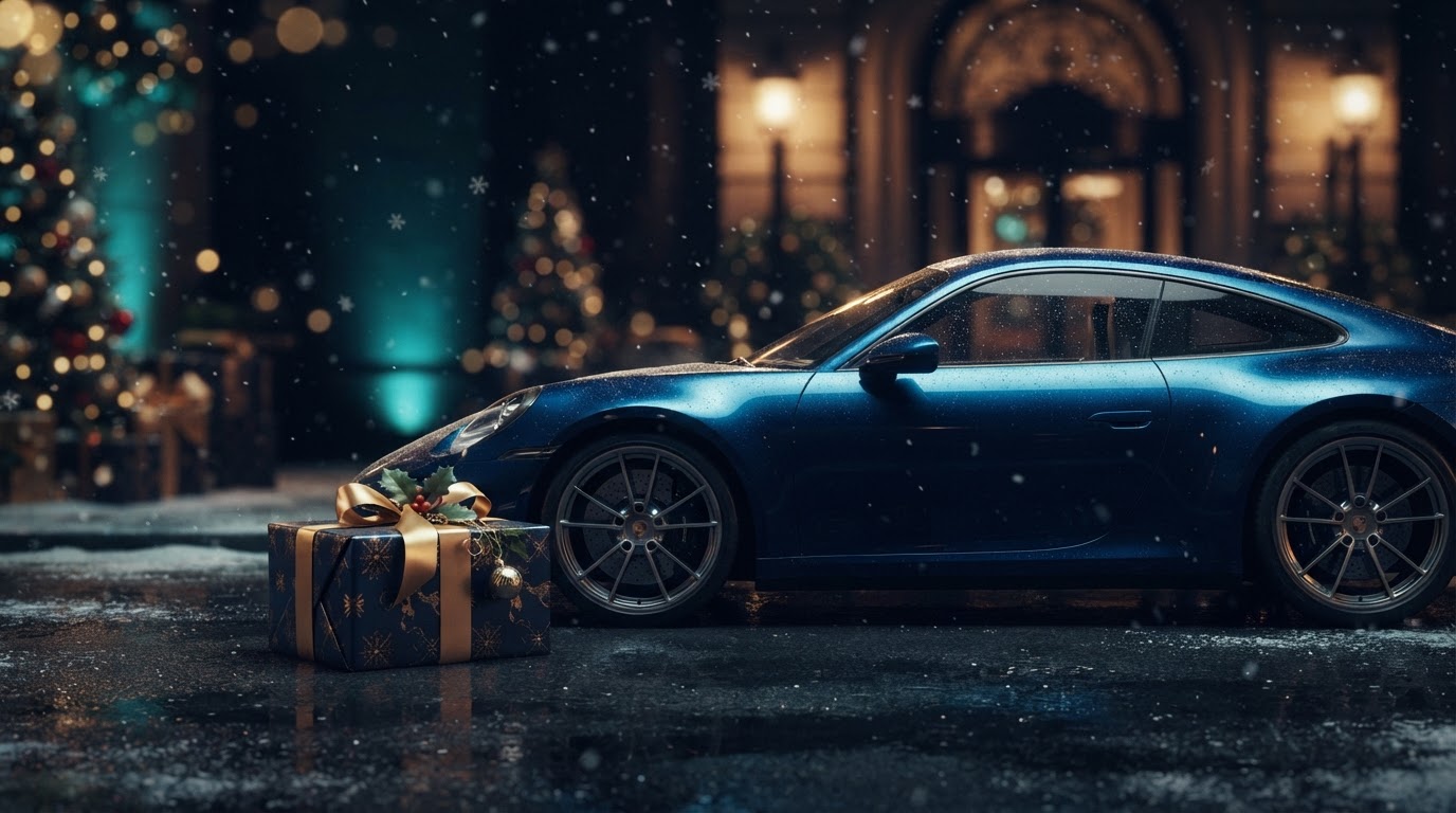Christmas gift card from Tidy Job — a wrapped present with golden ribbons beside a sparkling clean car