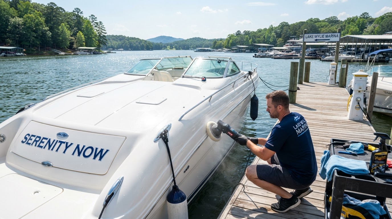 Professional boat detailing at a Lake Wylie marina — polishing gelcoat on a clean white boat
