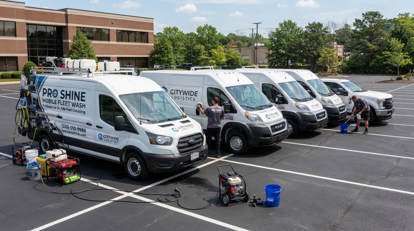 Professional fleet vehicle detailing — clean commercial vans being detailed at a business parking lot in Lake Wylie SC