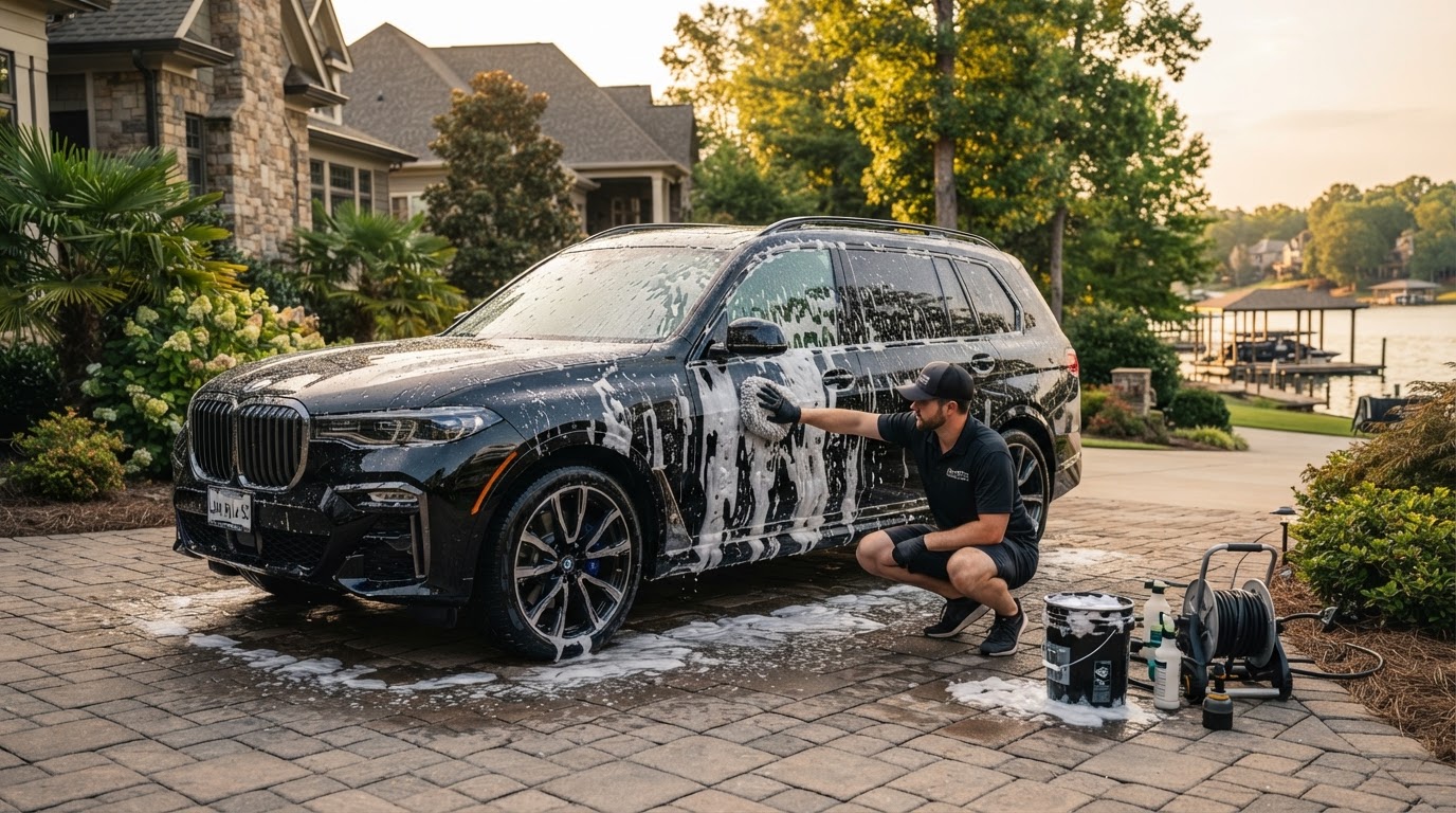 Professional mobile auto detailing on a luxury SUV in a Lake Wylie SC residential driveway