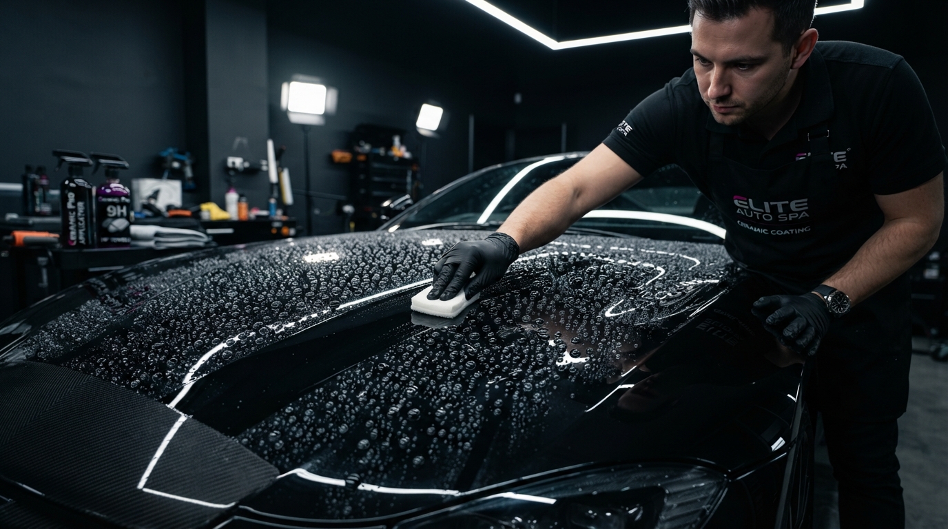 Ceramic coating application on a luxury vehicle — water beading on glossy black paint in Lake Wylie SC