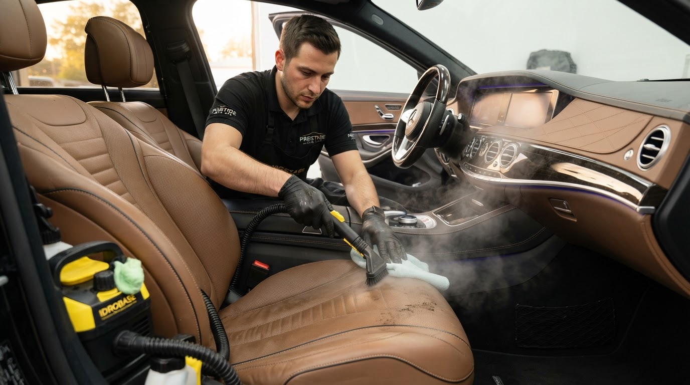 Professional interior car detailing — steam cleaning leather seats and dashboard in Lake Wylie SC