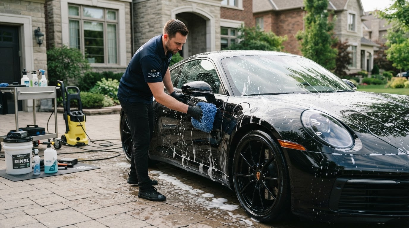 Professional hand wash of a black luxury car with foam cannon in a Lake Wylie SC driveway