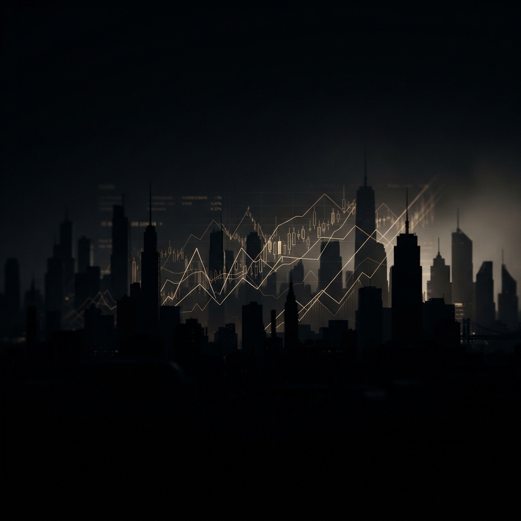 Abstract dark city skyline with subtle financial chart overlays