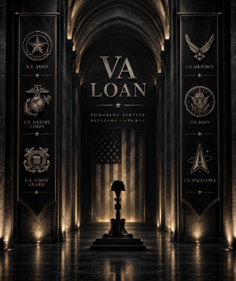 VA Loan — Honorable Service, Exclusive Benefits with military branch insignia