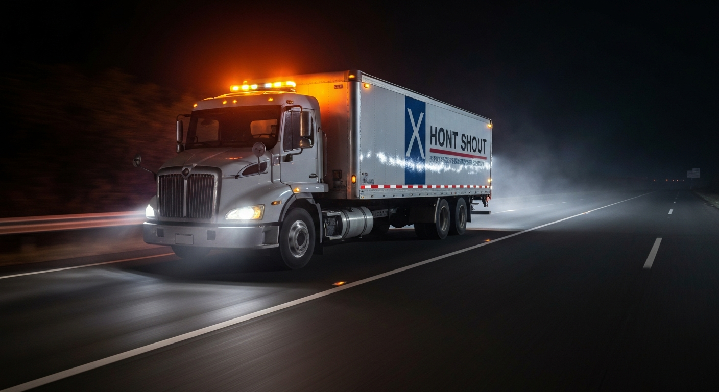 Hot shot expedited freight truck on highway at night