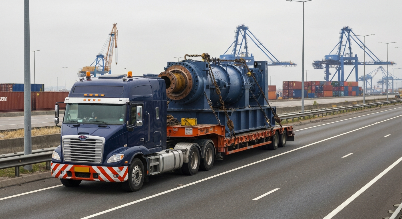 Flatbed truck hauling heavy oversized oilfield equipment