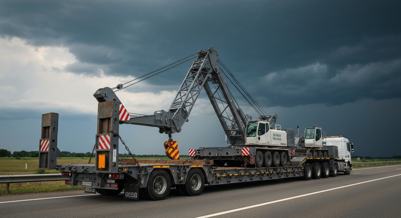 Heavy machinery being transported on a specialized low-boy trailer
