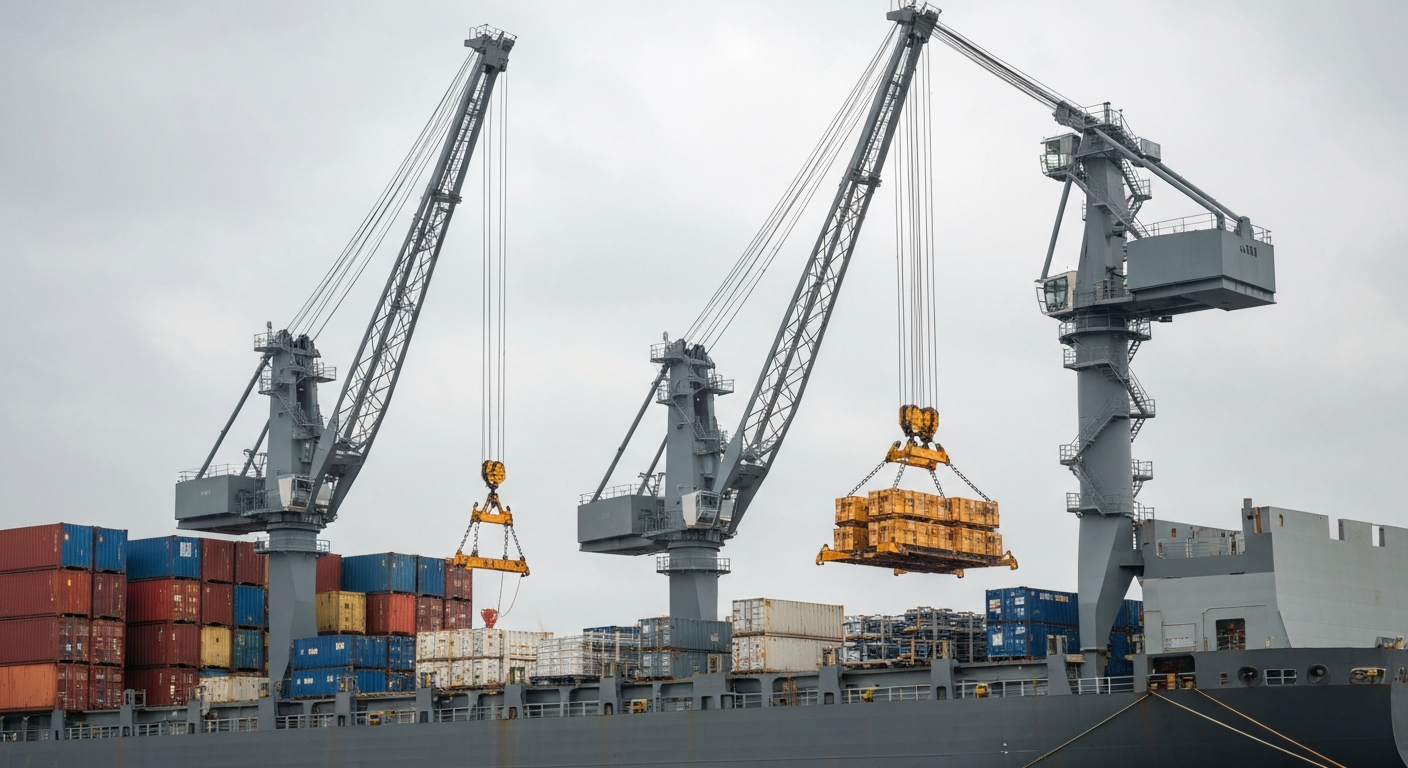 Breakbulk cargo being loaded onto a ship by heavy cranes