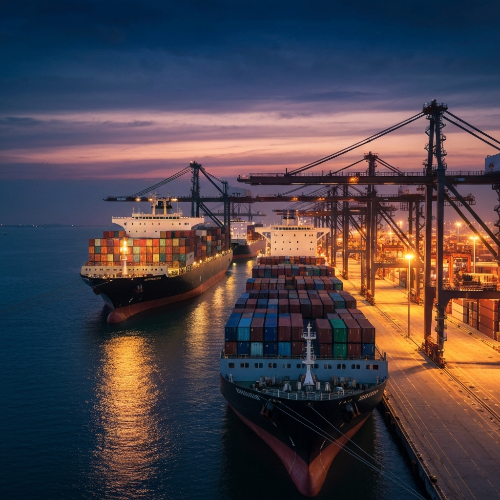 International shipping port at dusk