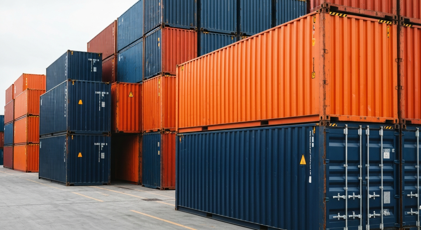 Stack of new and used shipping containers in an industrial yard
