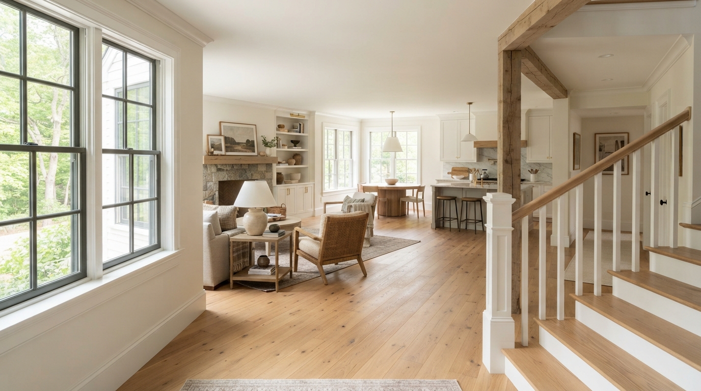 Finished custom home interior with warm hardwood floors and natural light
