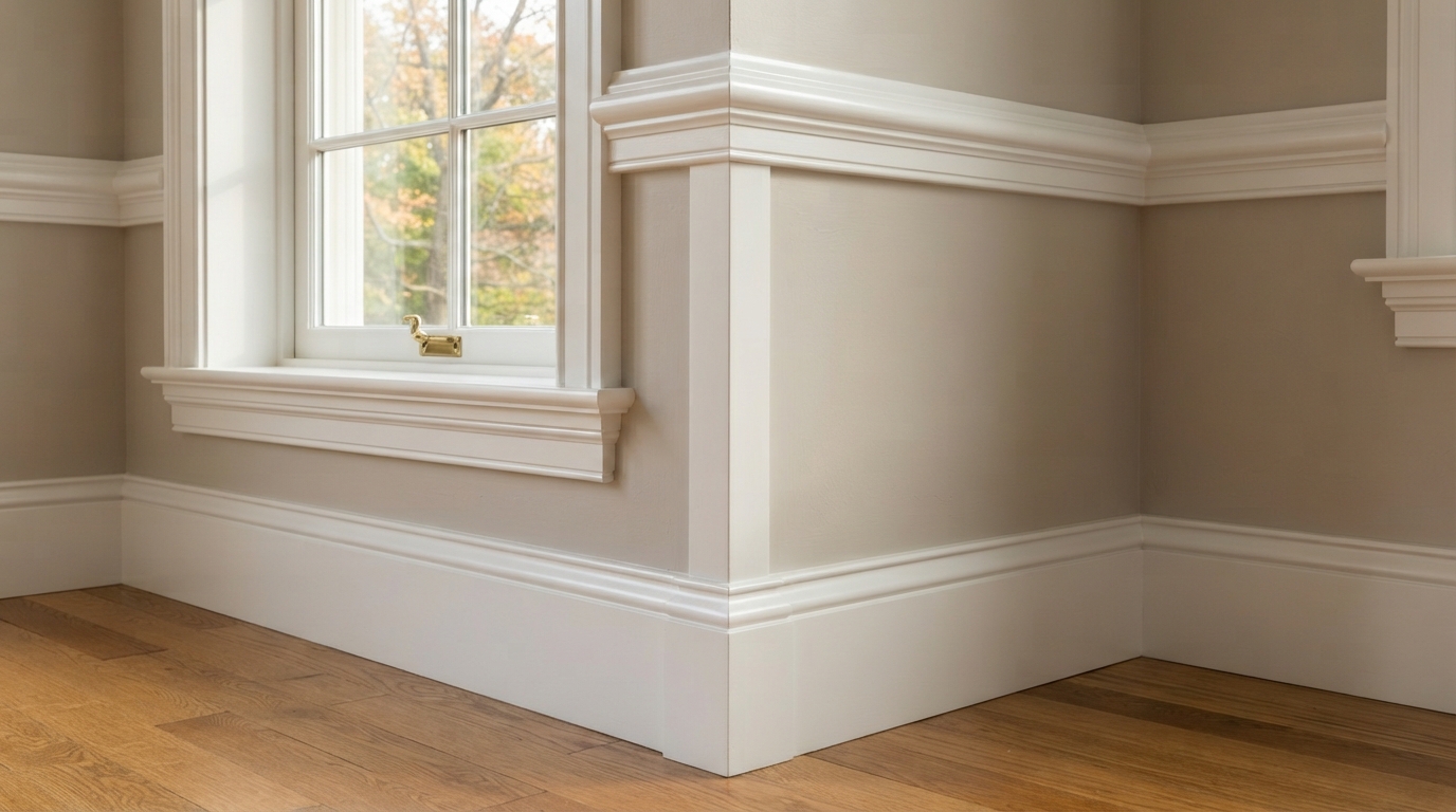 Close-up of finish carpentry detail with crown molding and trim in a renovated home