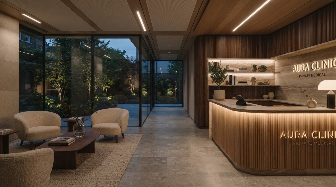 Luxury medical clinic reception at dusk