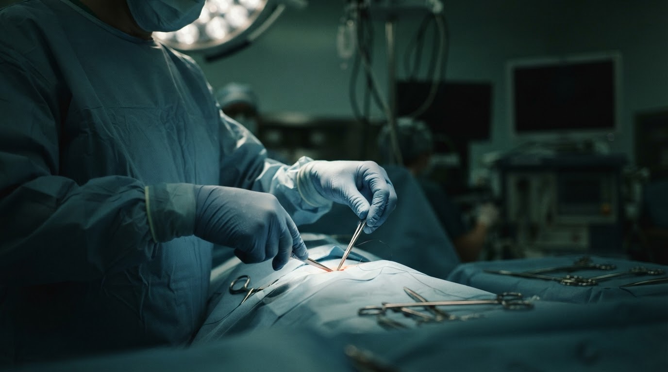Surgeon's hands in blue attire with dramatic lighting