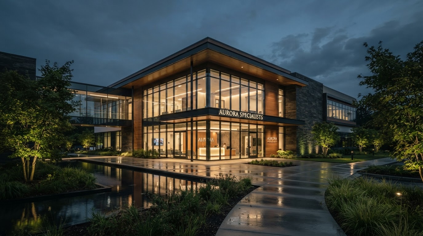Modern medical clinic exterior at dusk