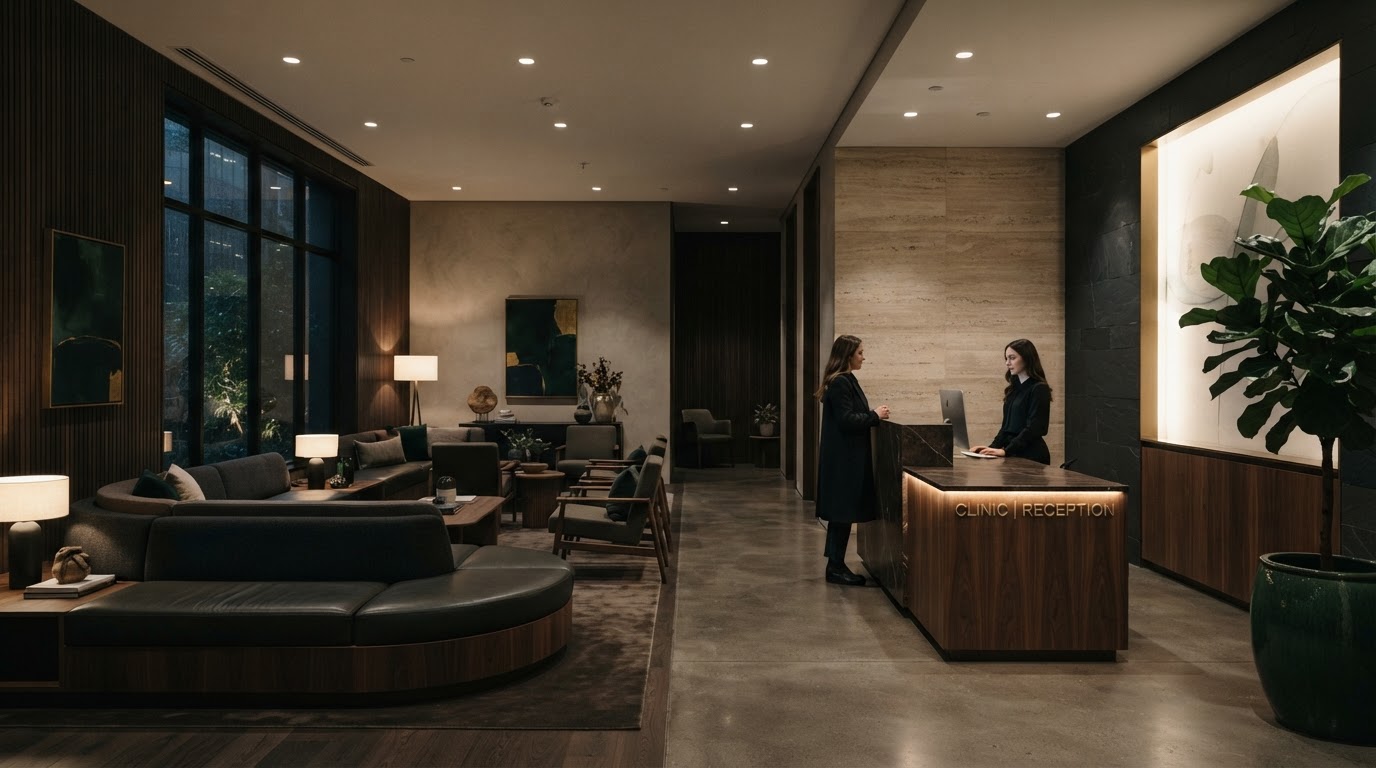 Luxury medical clinic waiting room with warm ambient lighting
