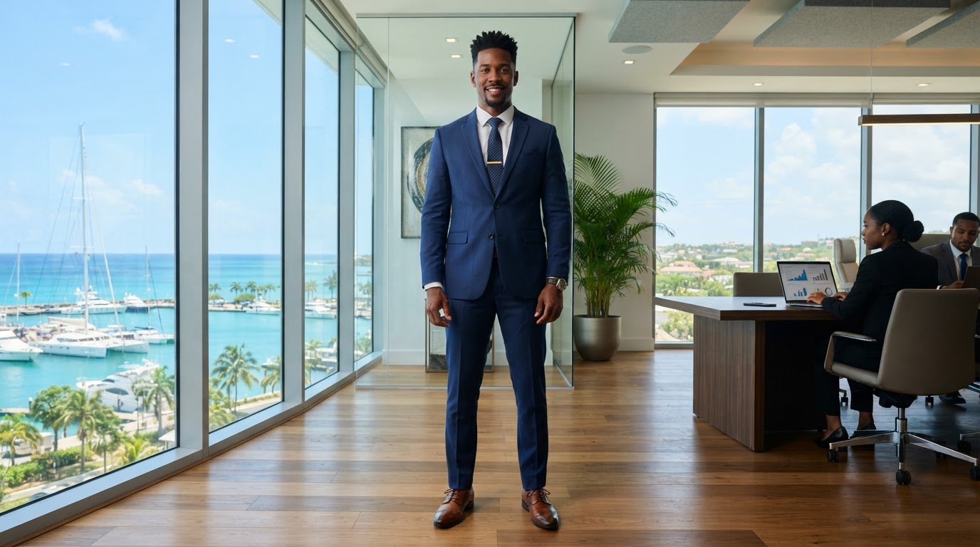 Black financial advisor meeting with clients in a Caribbean-inspired office