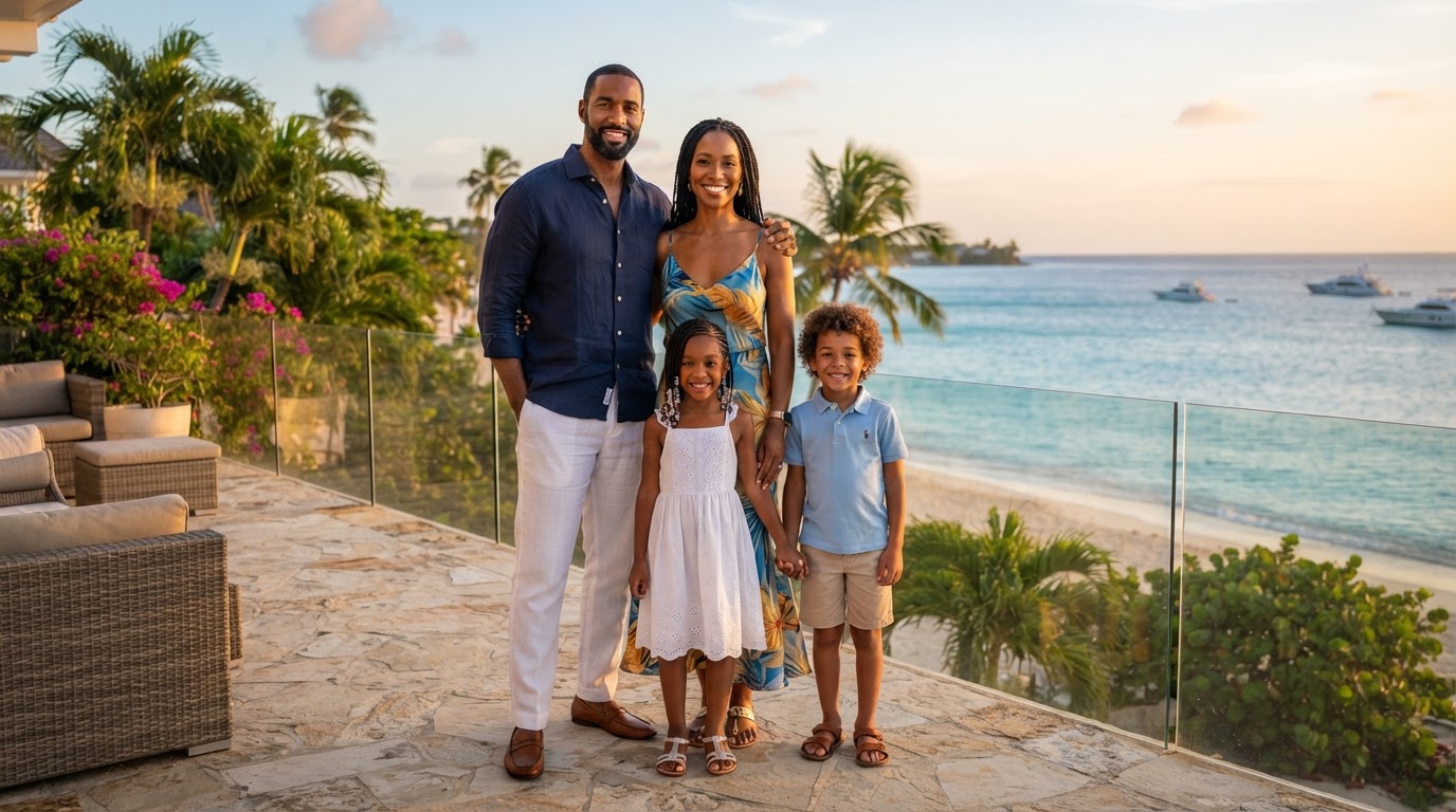 Affluent Black family on a Caribbean beachfront estate at golden hour