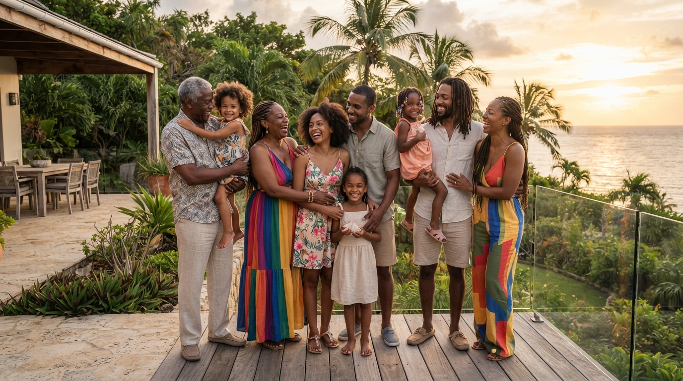 Multi-generational Black family gathered on a Caribbean villa terrace at golden hour