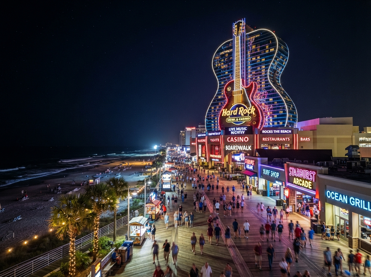 Hard Rock Hotel & Casino Atlantic City exterior at night with guitar motifs on the Boardwalk