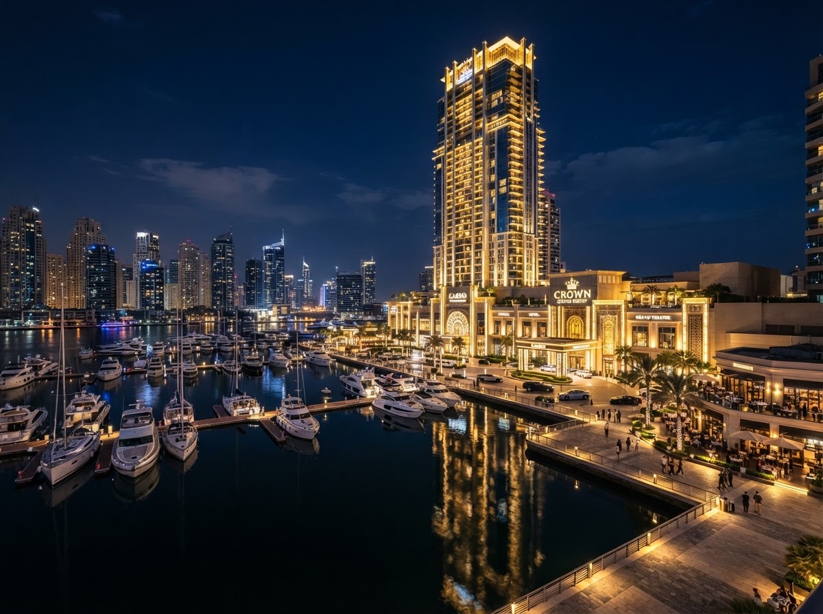 Borgata Hotel Casino & Spa luxury tower at night in the Marina District, glass and gold reflected in the water