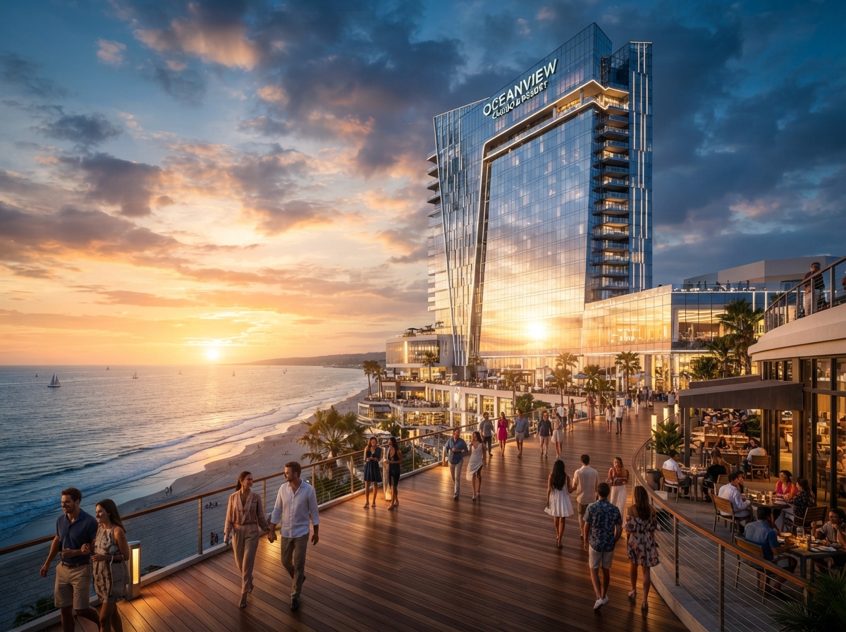 Ocean Casino Resort sleek glass tower above the Boardwalk at sunset with panoramic ocean views