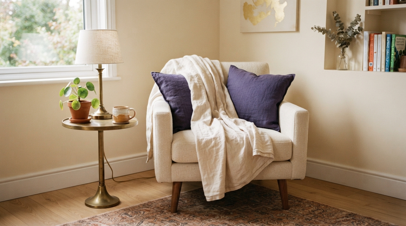 A calm therapy room corner with a soft cream linen blanket draped on an armchair with indigo cushions, warm gold tones, gentle morning light and a small potted plant nearby