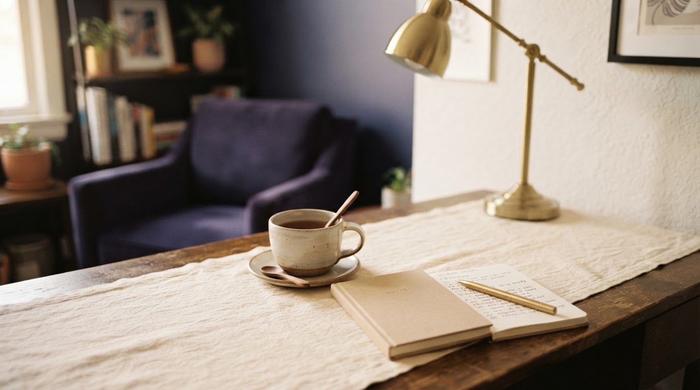 A serene therapy room desk with a cup of tea, a small notebook and a pen resting on warm cream linen, a brass desk lamp and deep indigo accent in soft focus background