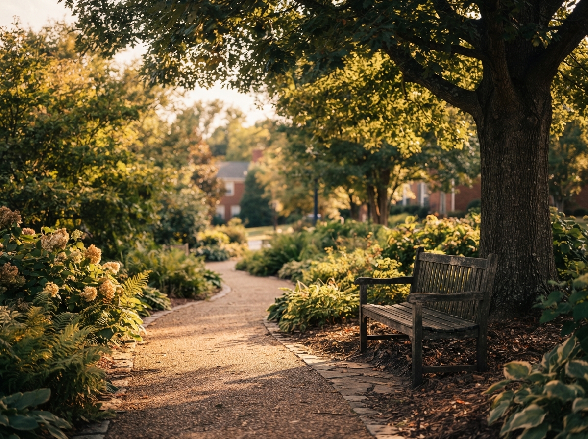 A calm suburban park scene in a small Tennessee town with a quiet bench under mature shade trees, dappled golden afternoon light and a gentle pathway curving through greenery