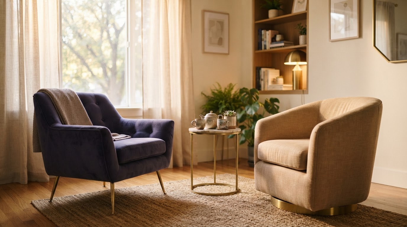Two elegant armchairs in indigo and sand tones facing each other in a bright serene room with brass accents and golden afternoon light