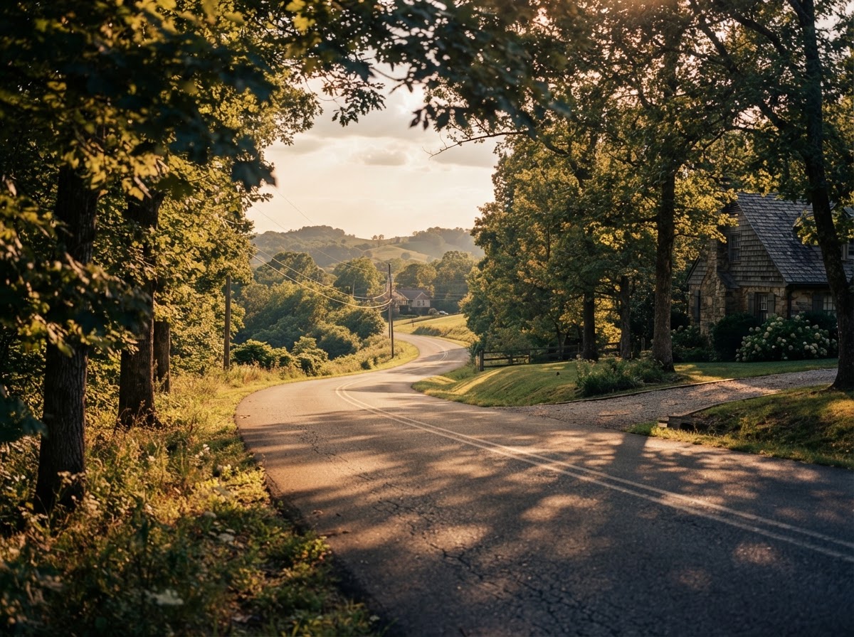 A gentle Tennessee landscape near Knoxville with soft rolling hills and mature trees in warm golden afternoon light, dappled shade on a quiet suburban road