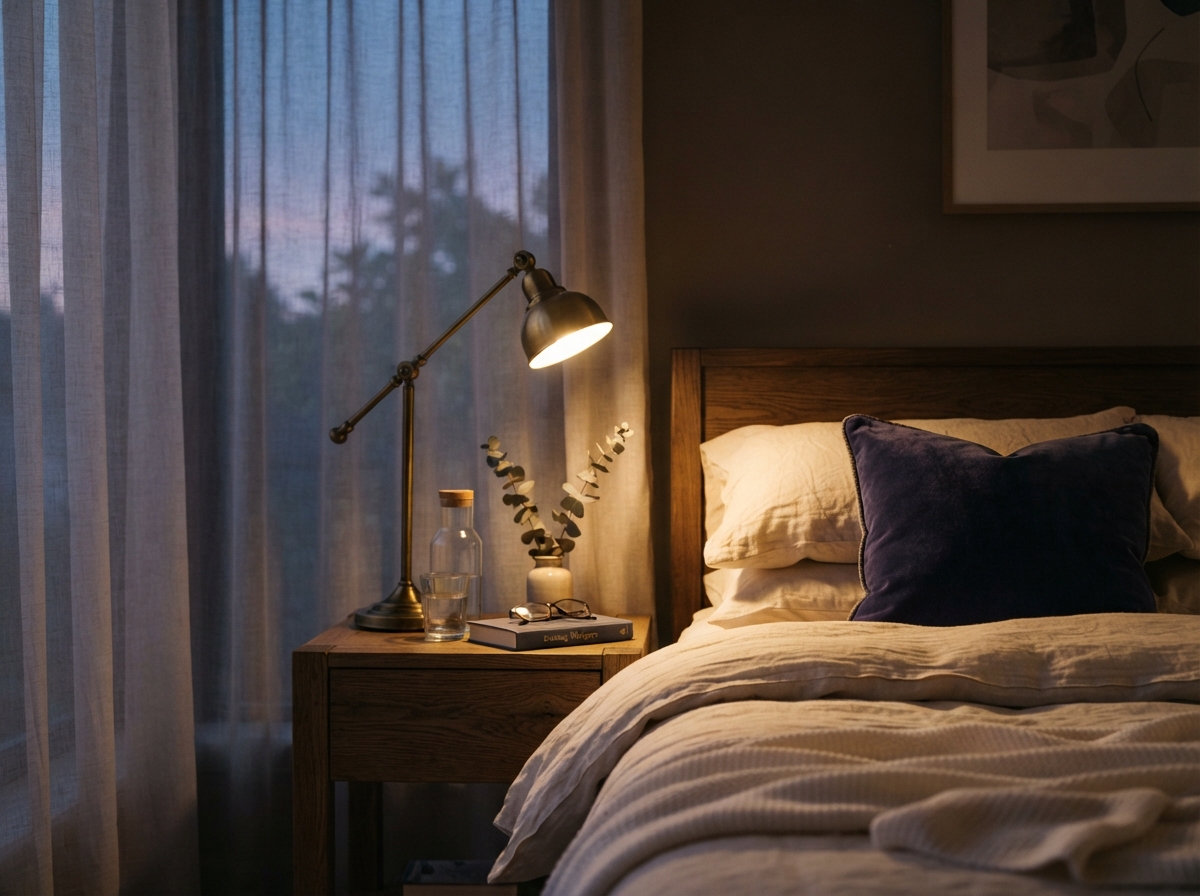 A tranquil bedside scene at dusk with warm cream bedding, a brass bedside lamp casting a gentle golden glow and a deep indigo accent cushion