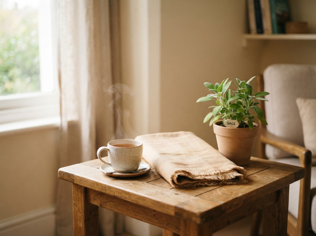 A calm therapy room detail with a steaming cup of herbal tea on a wooden side table, a folded linen blanket and a small sage plant in warm cream tones