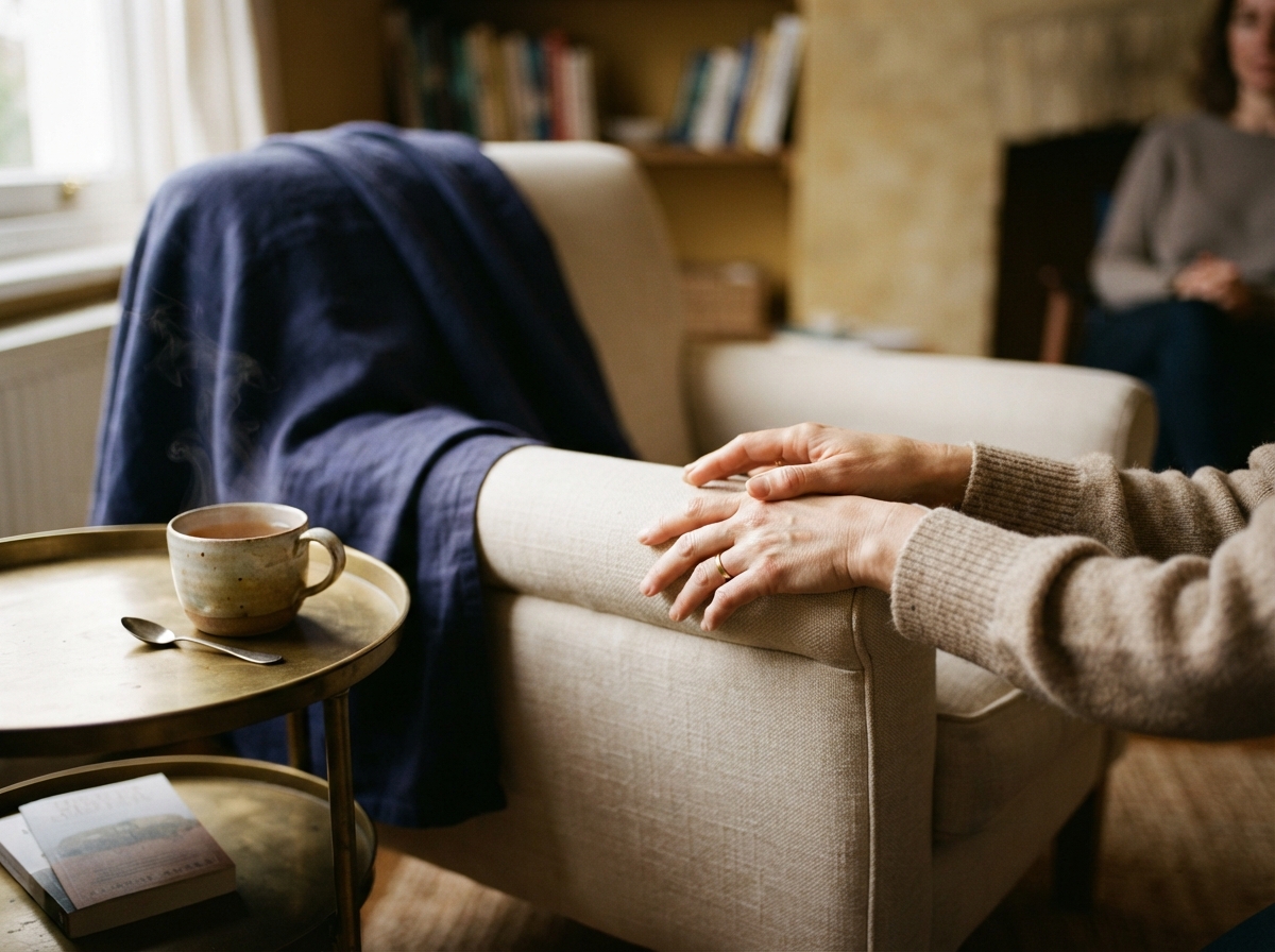 A calm therapy room detail with hands resting peacefully on a soft cream linen armrest, a cup of herbal tea on a brass side table, warm gold tones with a deep indigo throw blanket