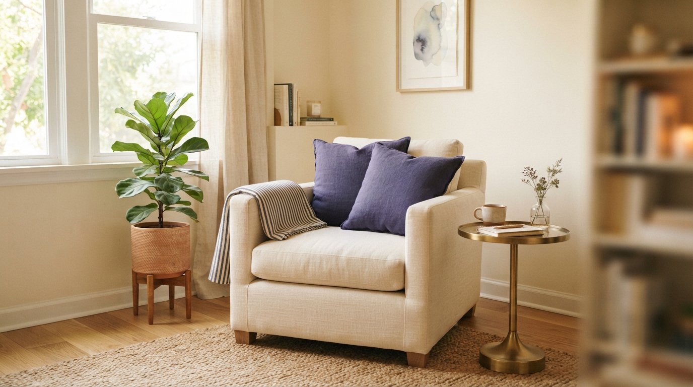 A serene therapy room corner with a single comfortable cream linen armchair with indigo cushions in soft natural window light, warm gold tones, a folded blanket and a brass side table