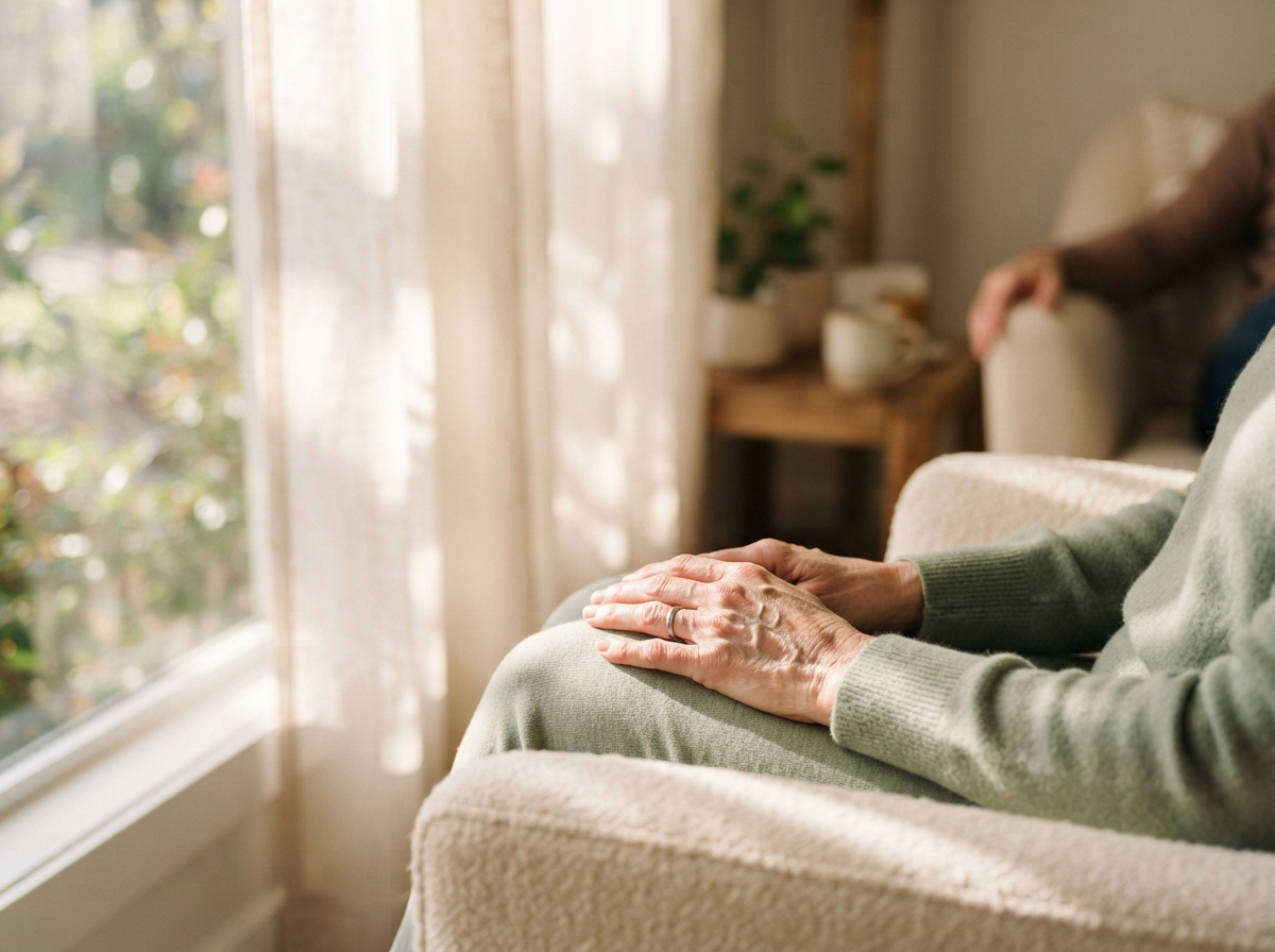 Hands resting calmly in a lap with soft natural light streaming through sheer curtains, conveying peace and stillness