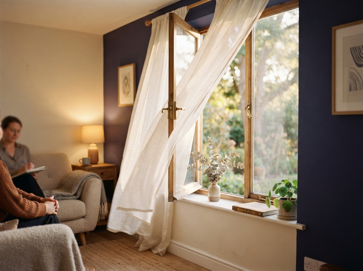 An open window in a calm therapy room with sheer linen curtains gently moving in a soft breeze, warm cream walls with a deep indigo accent and brass hardware catching golden light