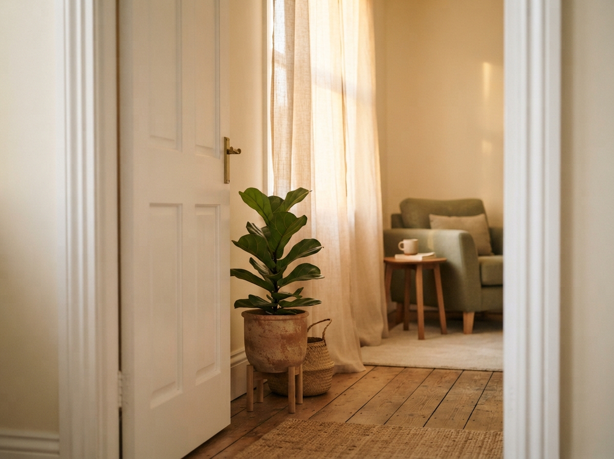 An open doorway in a wellness practice revealing a softly lit room beyond, with sheer linen curtains catching warm afternoon light