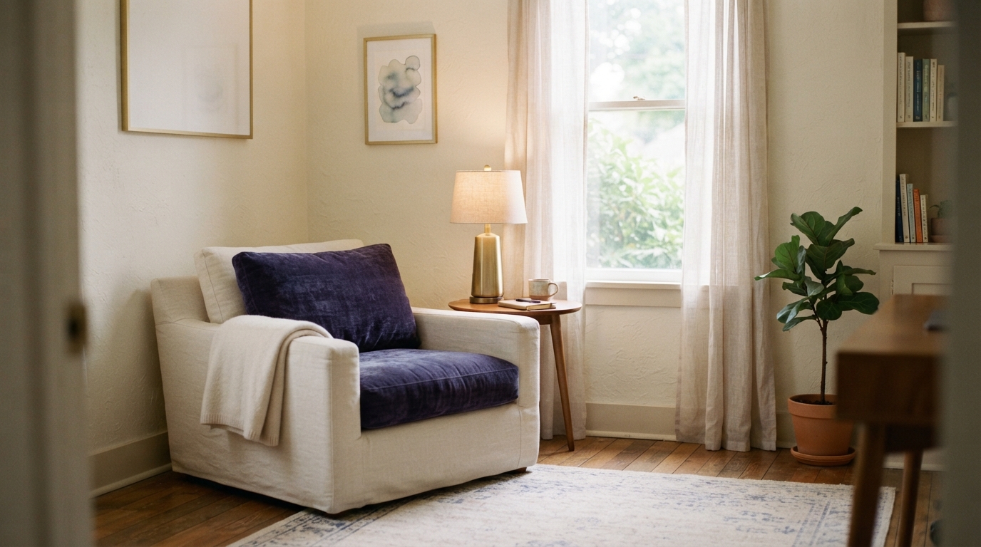 A serene therapy room with soft morning light filtering through sheer curtains, a single comfortable cream linen armchair with deep indigo velvet cushions and brass lamp accents