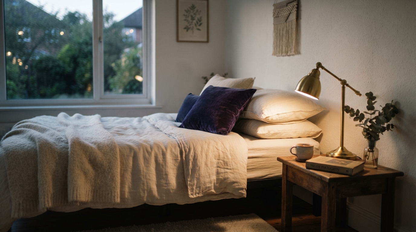 A tranquil bedroom scene at dusk with soft natural light, warm cream bedding, a brass bedside lamp casting a gentle golden glow and a deep indigo accent cushion