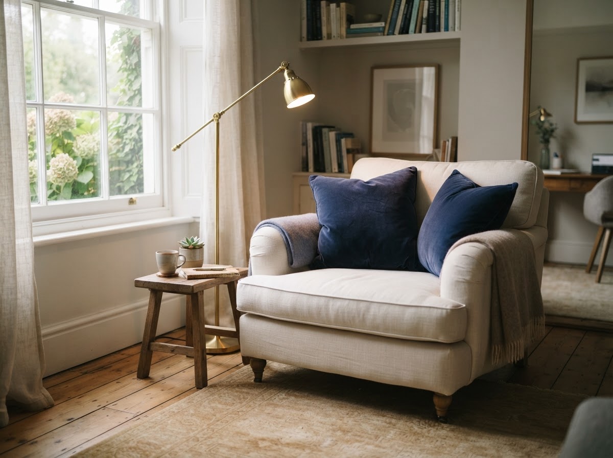 A serene therapy room corner with a comfortable cream linen armchair with deep indigo velvet cushions, warm gold tones from a brass floor lamp in soft natural window light