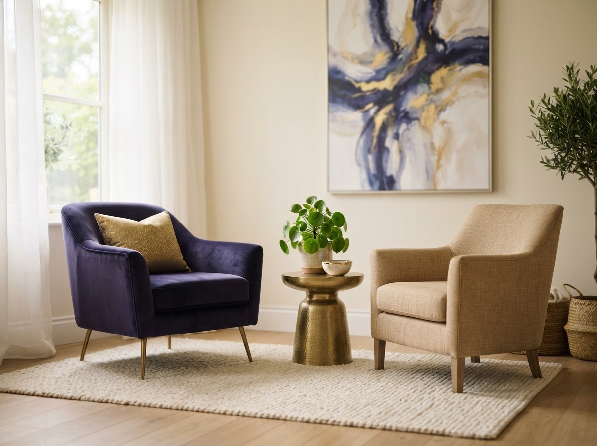 Two elegant armchairs in indigo and sand tones facing each other in a bright serene room with brass accents and golden afternoon light