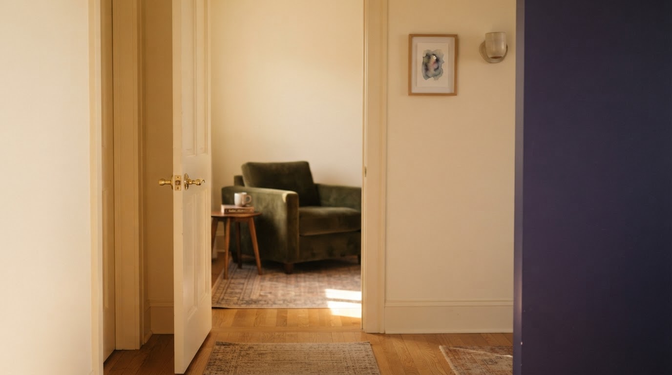 A calm doorway moment in a therapy office with soft golden light streaming through an open door, warm cream walls with a deep indigo accent, a glimpse of a comfortable armchair visible through the doorway